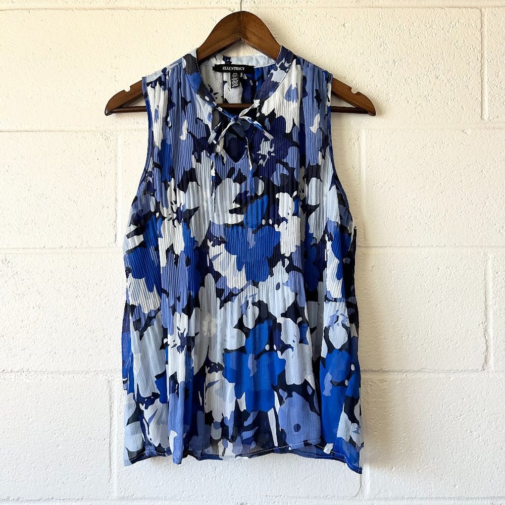Ellen Tracy Blue Floral Keyhole Sheer Pleated Sleeveless Blouse Women's Small